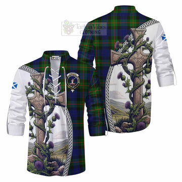 Jamieson Tartan Ghillie Kilt Shirt with Family Crest and St. Andrew's Cross Accented by Thistle Vines Men - Tartan Vibes Clothing