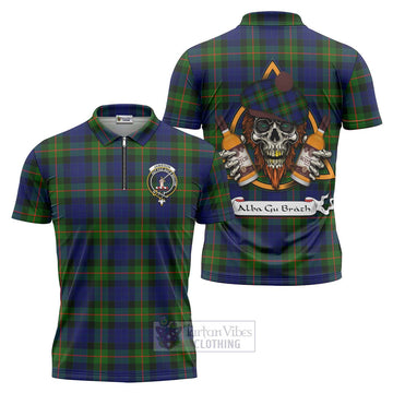 Jamieson Tartan Zipper Polo Shirt with Family Crest and Bearded Skull Holding Bottles of Whiskey Unisex - Tartan Vibes Clothing