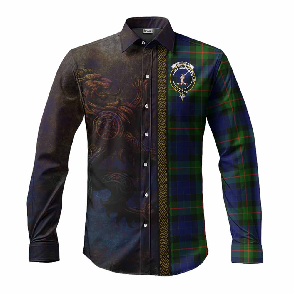 Jamieson Tartan Family Crest Long Sleeve Button Shirt Alba Gu Brath Be Brave Lion Ancient Style Men's Shirt S - Tartan Vibes Clothing
