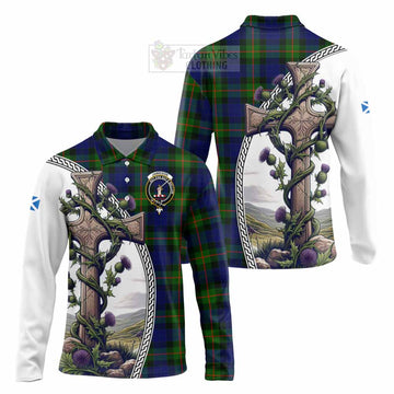 Jamieson Tartan Long Sleeve Polo Shirt with Family Crest and St. Andrew's Cross Accented by Thistle Vines Unisex - Tartan Vibes Clothing
