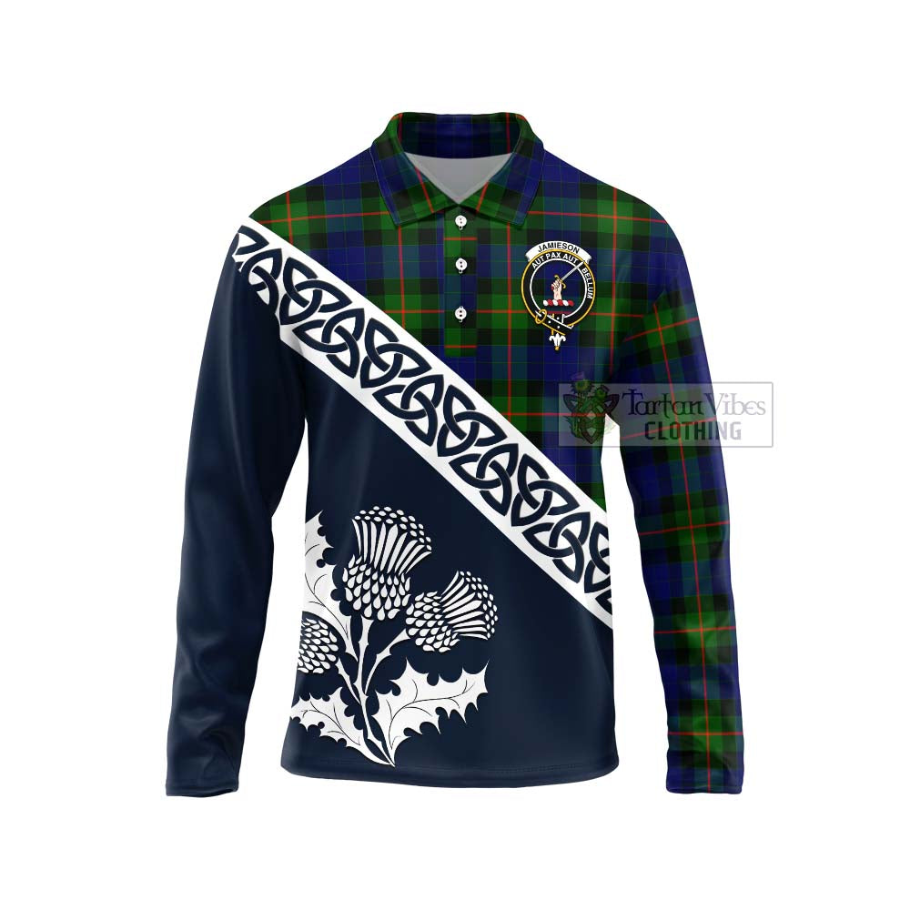 Jamieson Tartan Long Sleeve Polo Shirt Featuring Thistle and Scotland Map Unisex - Tartan Vibes Clothing