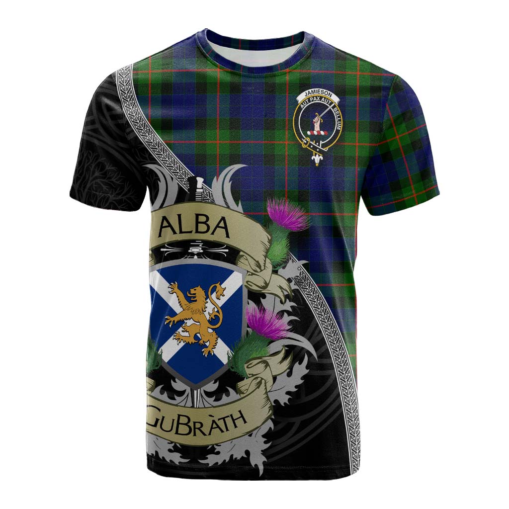 Tartan Vibes Clothing Jamieson Tartan Family Crest Cotton T-shirt Lion Rampant Royal Thistle Shield Celtic Inspired