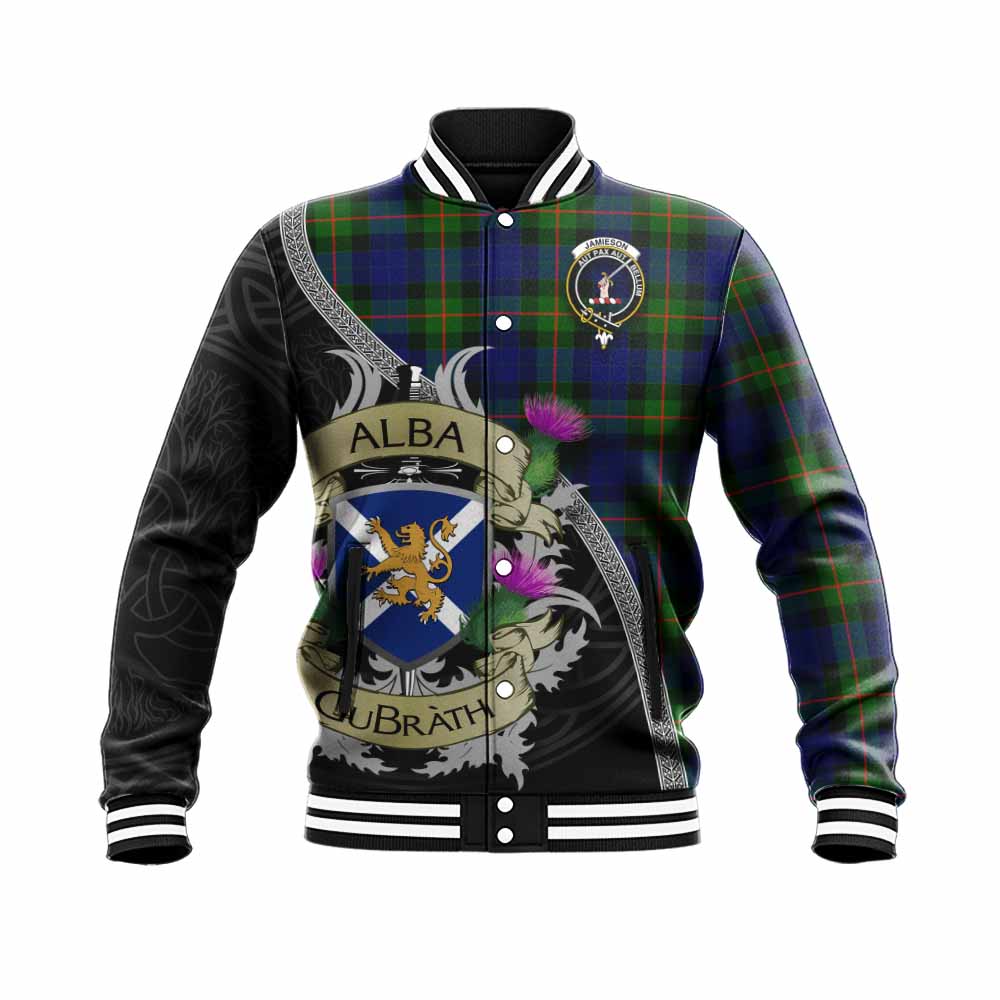 Jamieson Tartan Family Crest Baseball Jacket Lion Rampant Royal Thistle Shield Celtic Inspired Unisex - Tartan Vibes Clothing