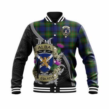 Jamieson Tartan Family Crest Baseball Jacket Lion Rampant Royal Thistle Shield Celtic Inspired Unisex - Tartan Vibes Clothing