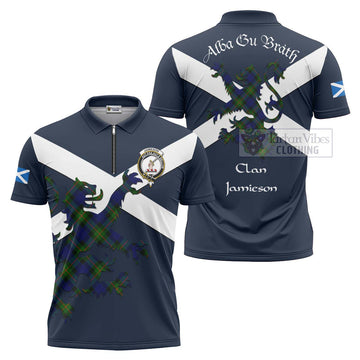 Jamieson Tartan Lion Rampant Zipper Polo Shirt Proudly Display Your Heritage with Alba Gu Brath and Clan Name Unisex - Tartan Vibes Clothing