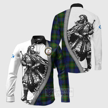 Jamieson Tartan Clan Crest Long Sleeve Button Shirt with Highlander Warrior Celtic Style Men's Shirt S - Tartan Vibes Clothing