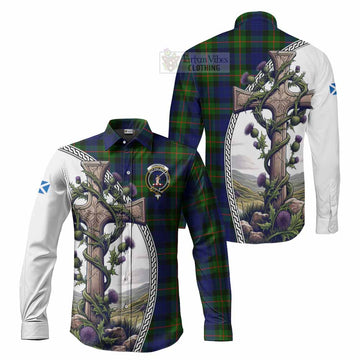 Jamieson Tartan Long Sleeve Button Shirt with Family Crest and St. Andrew's Cross Accented by Thistle Vines Men's Shirt S - Tartan Vibes Clothing