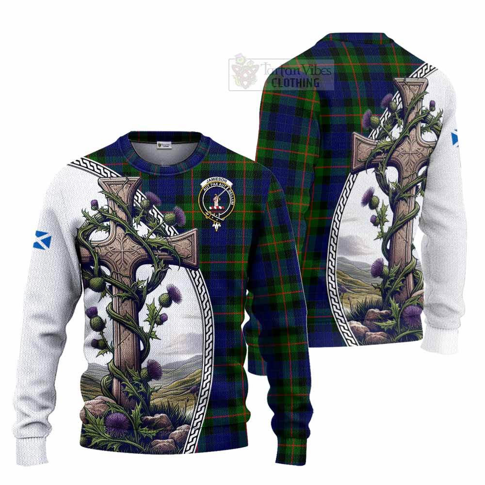 Jamieson Tartan Knitted Sweater with Family Crest and St. Andrew's Cross Accented by Thistle Vines Unisex - Tartan Vibes Clothing