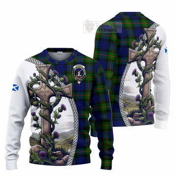 Jamieson Tartan Knitted Sweater with Family Crest and St. Andrew's Cross Accented by Thistle Vines Unisex - Tartan Vibes Clothing