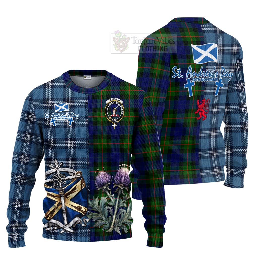 Jamieson Tartan Knitted Sweater Happy St. Andrew's Day Half Tartan Style Unisex - Tartan Vibes Clothing