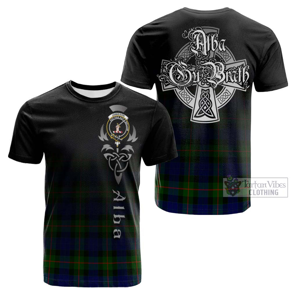 Tartan Vibes Clothing Jamieson Tartan Cotton T-shirt Featuring Alba Gu Brath Family Crest Celtic Inspired