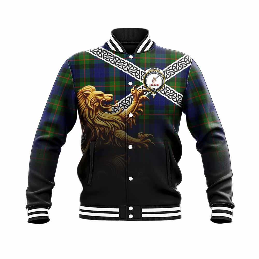Jamieson Crest Tartan Baseball Jacket with Golden Lion Emblem Celtic Style Unisex - Tartan Vibes Clothing