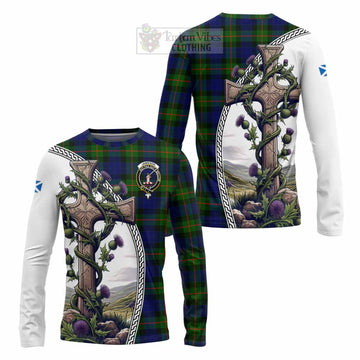Jamieson Tartan Long Sleeve T-Shirt with Family Crest and St. Andrew's Cross Accented by Thistle Vines Unisex - Tartan Vibes Clothing