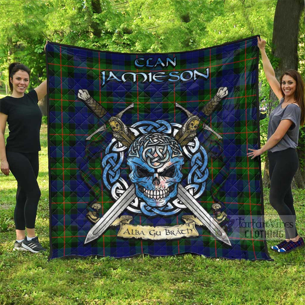 Jamieson Tartan Quilt with Celtic Skull Alba Gu Brath Style Super King Quilt 91" x 110" - Tartan Vibes Clothing