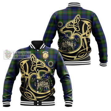 Jamieson Tartan Baseball Jacket with Family Crest Celtic Wolf Style Unisex - Tartan Vibes Clothing