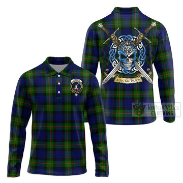 Jamieson Tartan Long Sleeve Polo Shirt with Family Crest Celtic Skull Style Unisex - Tartan Vibes Clothing
