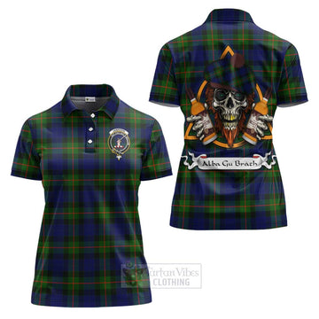 Jamieson Tartan Women's Polo Shirt with Family Crest and Bearded Skull Holding Bottles of Whiskey Women - Tartan Vibes Clothing