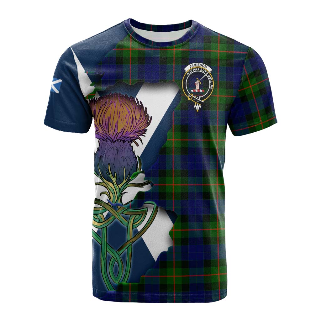 Tartan Vibes Clothing Jamieson Tartan Family Crest Cotton T-shirt Scottish Thistle Celtic Inspired