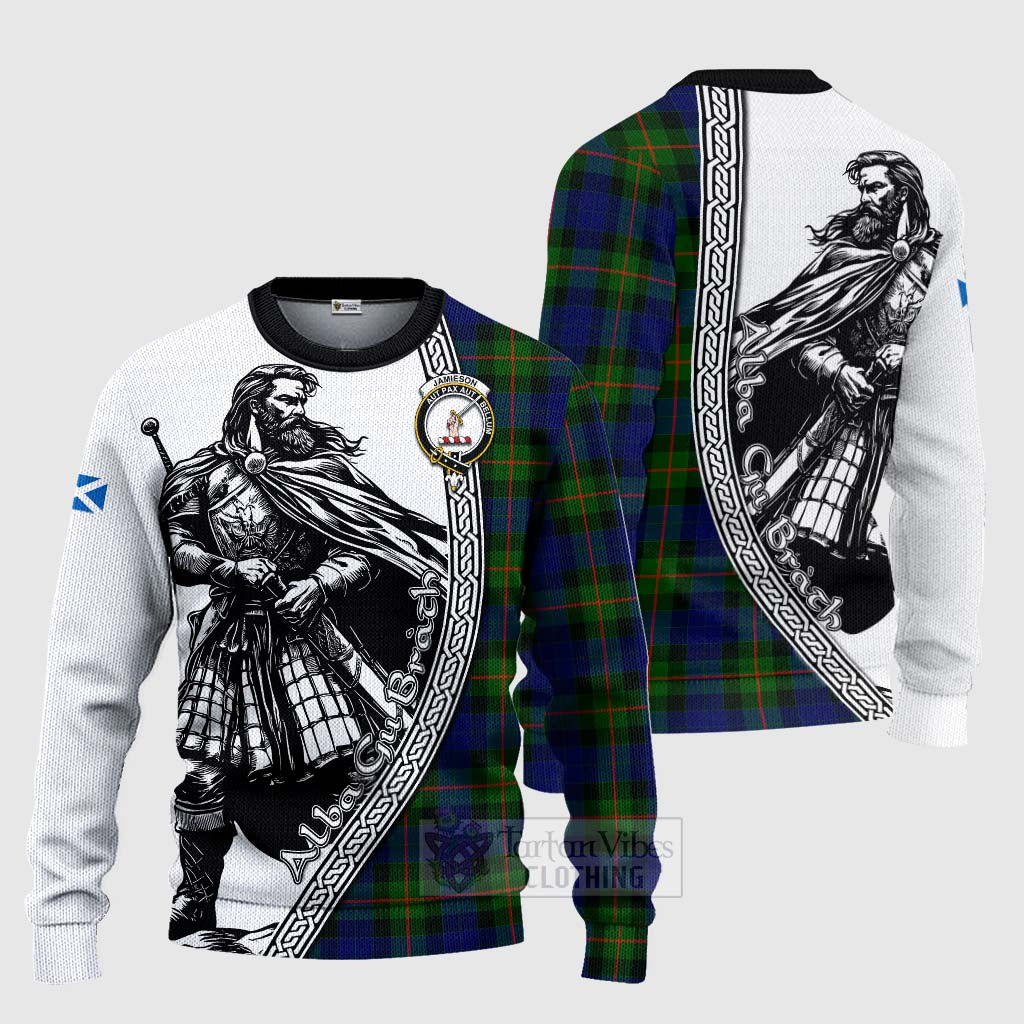 Jamieson Tartan Clan Crest Knitted Sweater with Highlander Warrior Celtic Style Unisex - Tartan Vibes Clothing