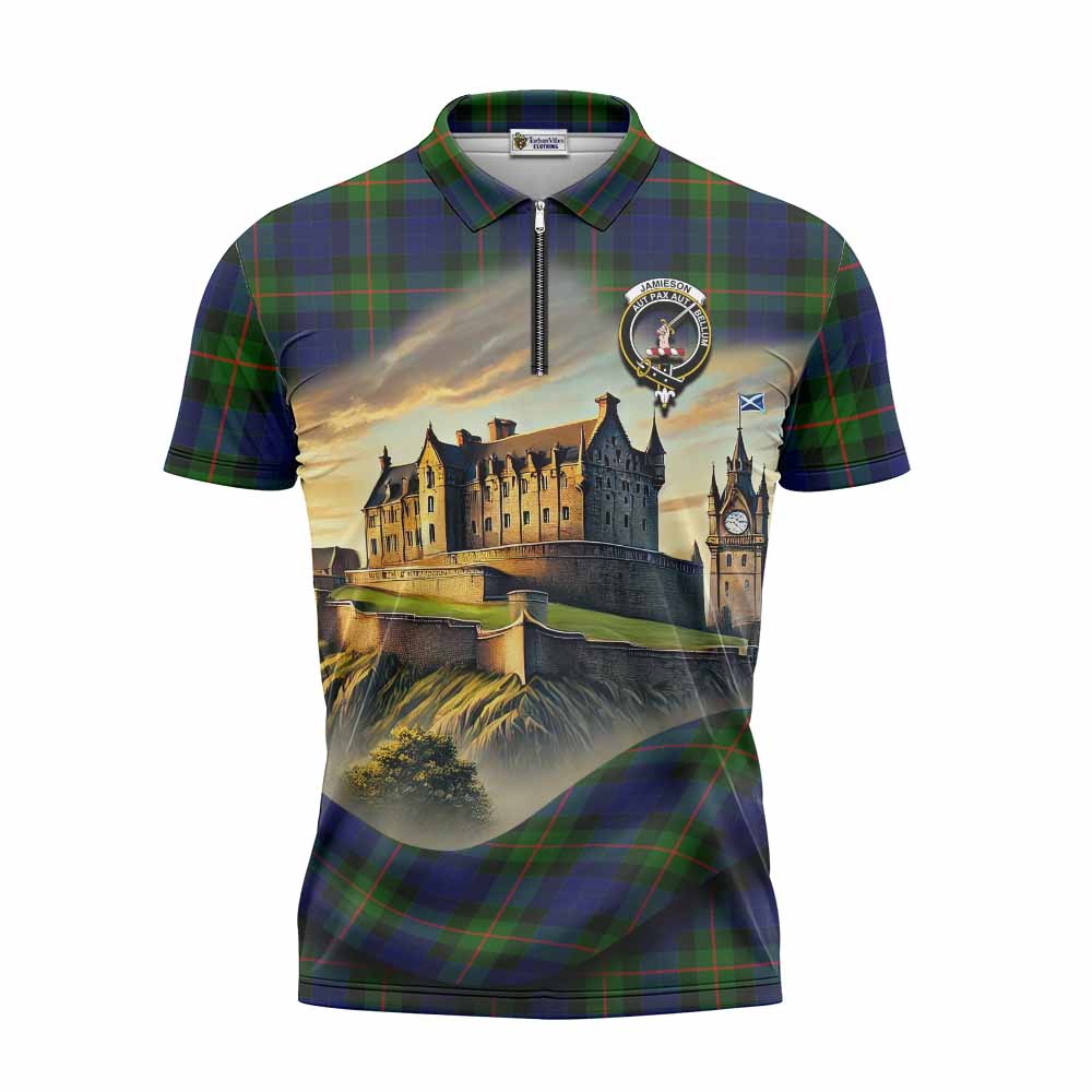 Jamieson Tartan Family Crest Zipper Polo Shirt with Scottish Ancient Castle Style Unisex - Tartan Vibes Clothing