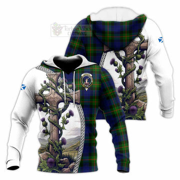Jamieson Tartan Knitted Hoodie with Family Crest and St. Andrew's Cross Accented by Thistle Vines Unisex Knitted Pullover Hoodie - Tartan Vibes Clothing
