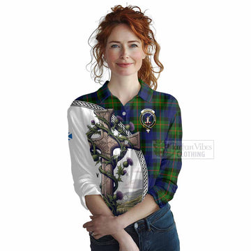 Jamieson Tartan Women's Casual Shirt with Family Crest and St. Andrew's Cross Accented by Thistle Vines Female - Tartan Vibes Clothing