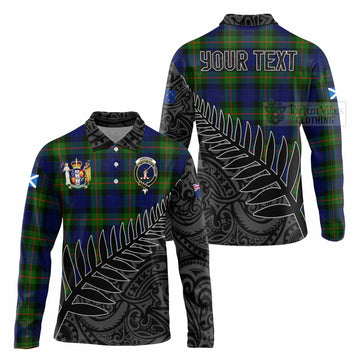 Tartan Vibes Clothing Jamieson Crest Tartan Long Sleeve Polo Shirt with New Zealand Silver Fern Half Style