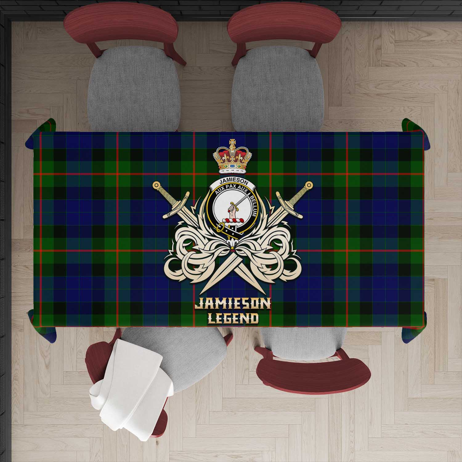 Jamieson Tartan Tablecloth with Clan Crest and the Golden Sword of Courageous Legacy - Tartan Vibes Clothing