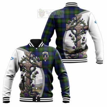 Jamieson Tartan Baseball Jacket with Family Crest and St. Andrew's Cross Accented by Thistle Vines Unisex - Tartan Vibes Clothing