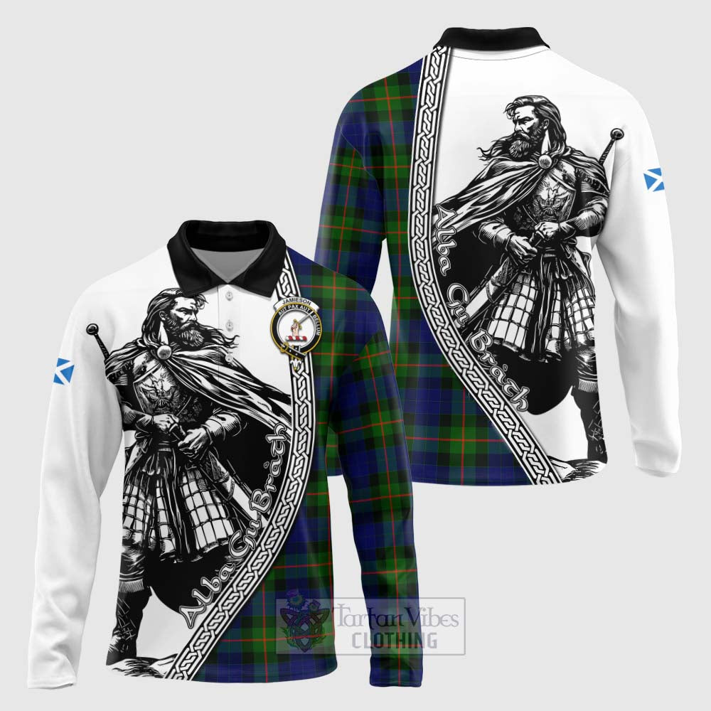 Jamieson Tartan Clan Crest Long Sleeve Polo Shirt with Highlander Warrior Celtic Style Unisex - Tartan Vibes Clothing