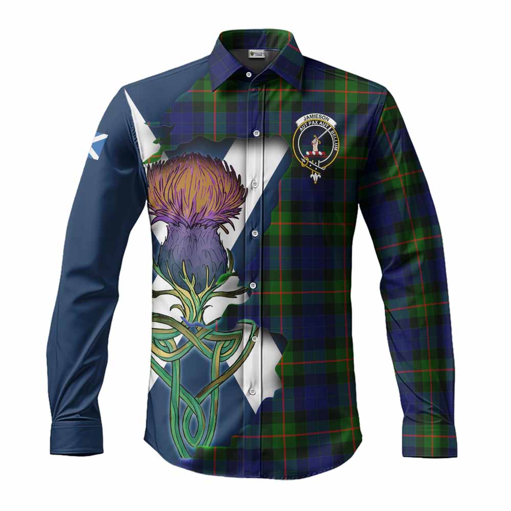 Jamieson Tartan Family Crest Long Sleeve Button Shirt Scottish Thistle Celtic Inspired Men's Shirt S - Tartan Vibes Clothing