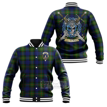 Jamieson Tartan Baseball Jacket with Family Crest Celtic Skull Style Unisex - Tartan Vibes Clothing