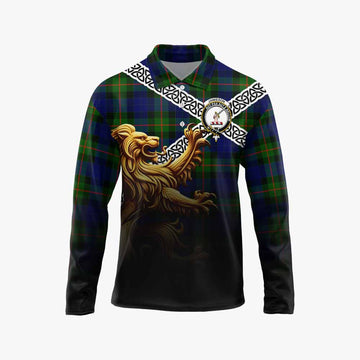 Jamieson Crest Tartan Long Sleeve Polo Shirt with Golden Lion Emblem Celtic Style Unisex - Tartan Vibes Clothing