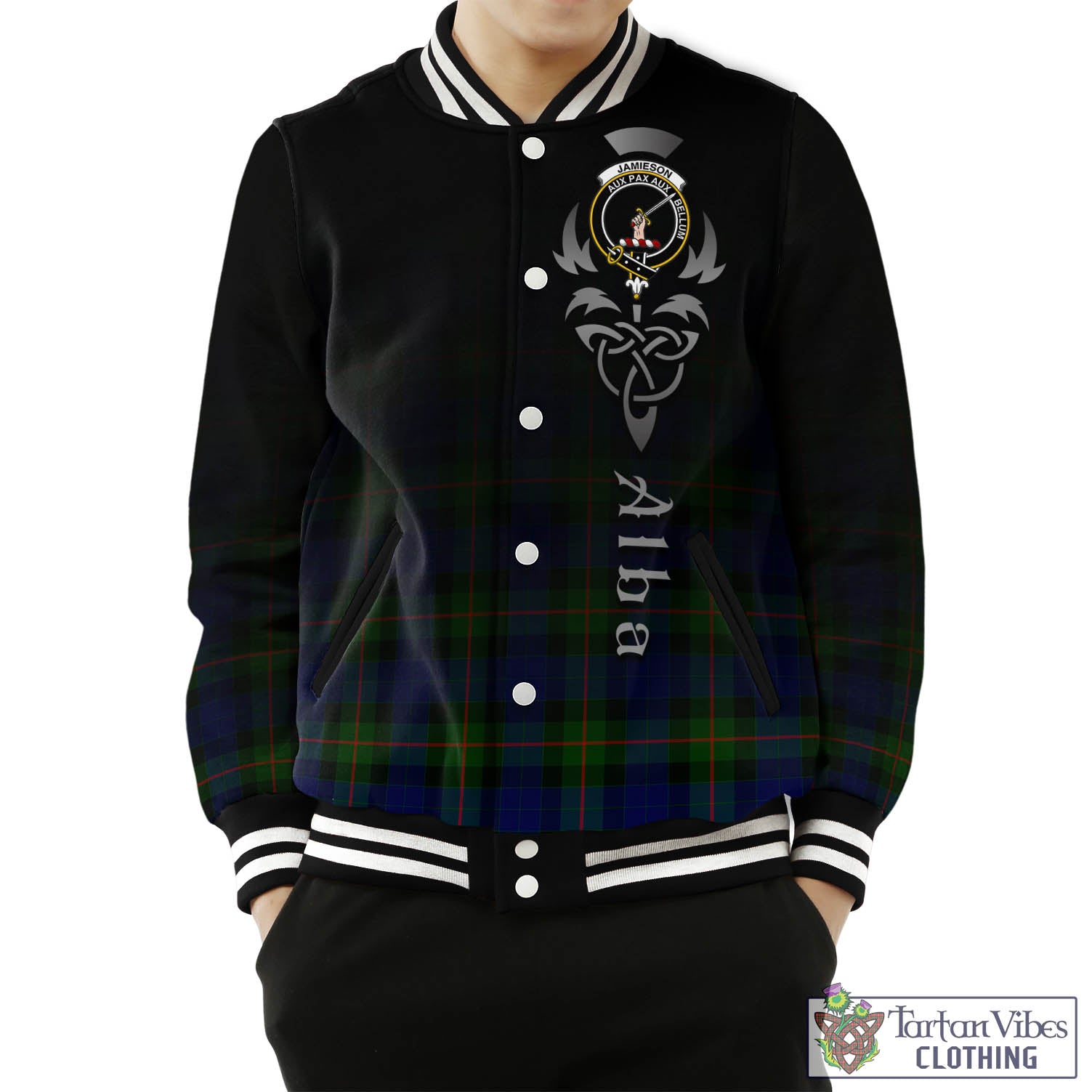 Jamieson Tartan Baseball Jacket Featuring Alba Gu Brath Family Crest Celtic Inspired Unisex - Tartan Vibes Clothing