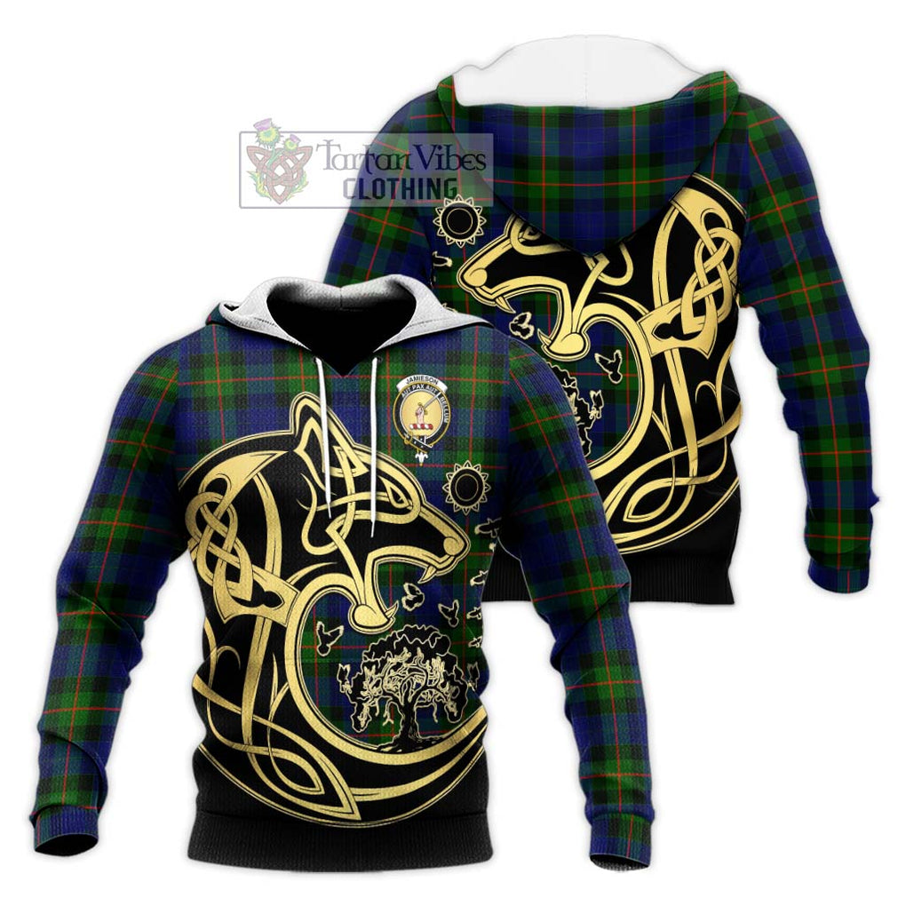 Jamieson Tartan Knitted Hoodie with Family Crest Celtic Wolf Style Unisex Knitted Pullover Hoodie - Tartan Vibes Clothing