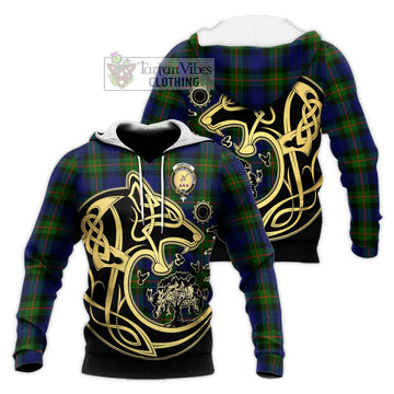 Jamieson Tartan Knitted Hoodie with Family Crest Celtic Wolf Style Unisex Knitted Pullover Hoodie - Tartan Vibes Clothing