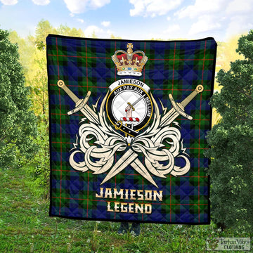Jamieson Tartan Quilt with Clan Crest and the Golden Sword of Courageous Legacy Super King Quilt 91" x 110" - Tartan Vibes Clothing