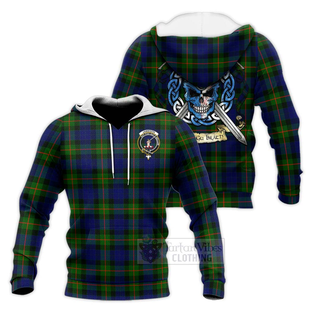 Jamieson Tartan Knitted Hoodie with Family Crest Celtic Skull Style Unisex Knitted Pullover Hoodie - Tartan Vibes Clothing