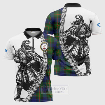 Jamieson Tartan Clan Crest Zipper Polo Shirt with Highlander Warrior Celtic Style Unisex - Tartan Vibes Clothing