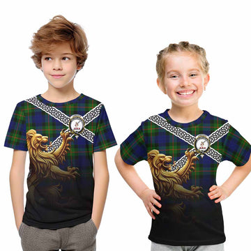 Jamieson Crest Tartan Kid T-Shirt with Golden Lion Emblem Celtic Style Youth XL Size14 - Tartan Vibes Clothing