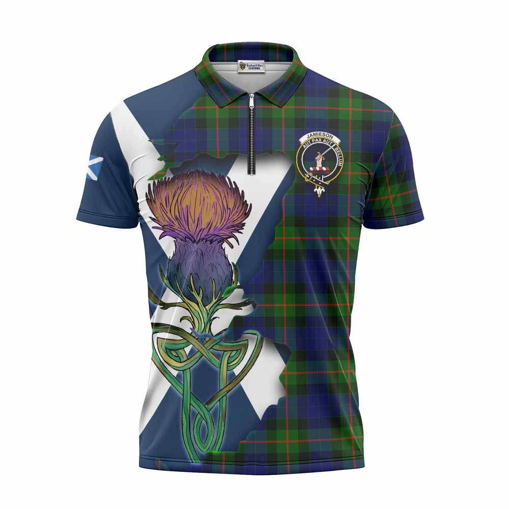 Jamieson Tartan Family Crest Zipper Polo Shirt Scottish Thistle Celtic Inspired Unisex - Tartan Vibes Clothing