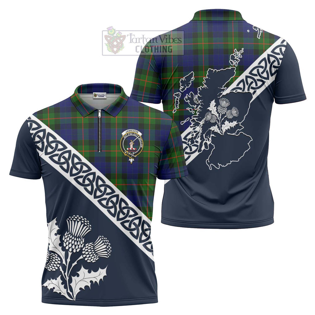 Jamieson Tartan Zipper Polo Shirt Featuring Thistle and Scotland Map Unisex - Tartanvibesclothing Store