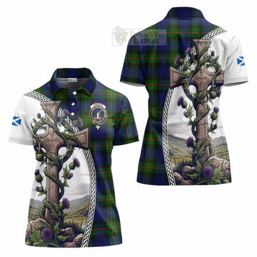Jamieson Tartan Women's Polo Shirt with Family Crest and St. Andrew's Cross Accented by Thistle Vines Women - Tartan Vibes Clothing