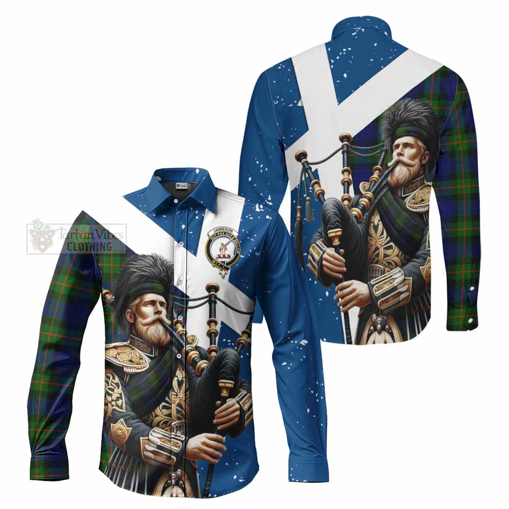 Jamieson Tartan Long Sleeve Button Shirt with Family Crest Scottish Bagpiper Vibes Men's Shirt - Tartan Vibes Clothing