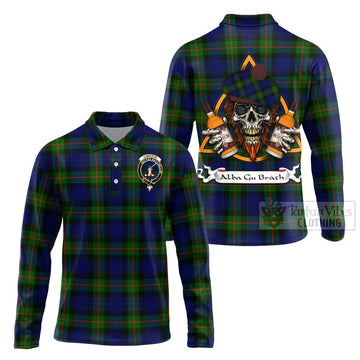 Jamieson Tartan Long Sleeve Polo Shirt with Family Crest and Bearded Skull Holding Bottles of Whiskey Unisex - Tartan Vibes Clothing