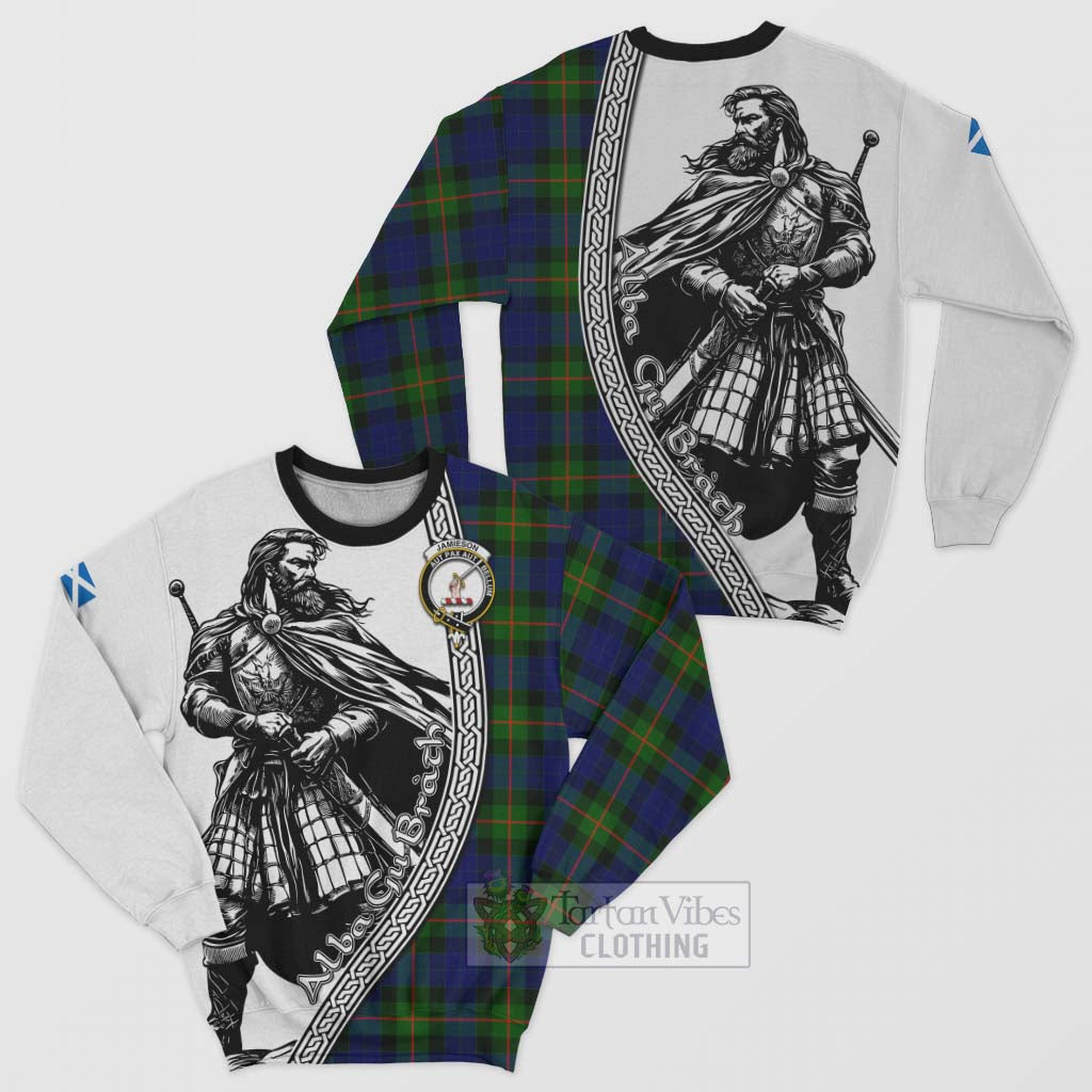 Jamieson Tartan Clan Crest Sweatshirt with Highlander Warrior Celtic Style Unisex - Tartan Vibes Clothing