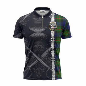 Jamieson Tartan Zipper Polo Shirt with Family Crest Cross Sword Thistle Celtic Vibes Unisex - Tartan Vibes Clothing