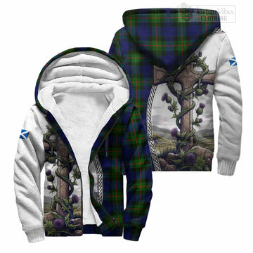 Jamieson Tartan Sherpa Hoodie with Family Crest and St. Andrew's Cross Accented by Thistle Vines Unisex S - Tartan Vibes Clothing