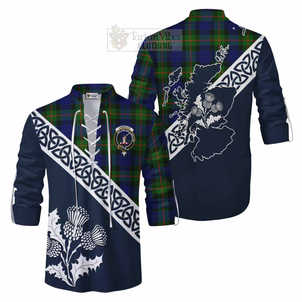 Jamieson Tartan Ghillie Kilt Shirt Featuring Thistle and Scotland Map Men - Tartan Vibes Clothing