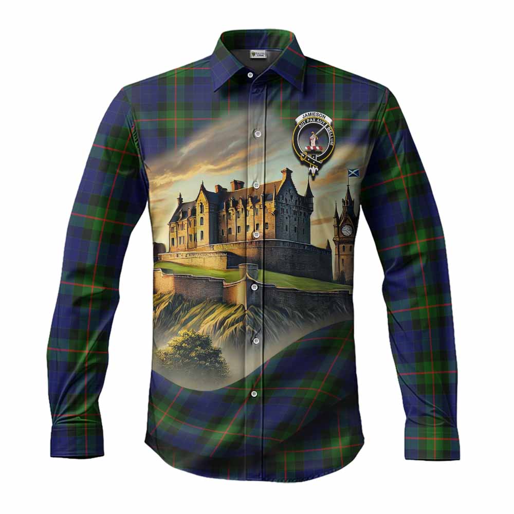Tartan Vibes Clothing Jamieson Tartan Family Crest Long Sleeve Button Shirt with Scottish Ancient Castle Style